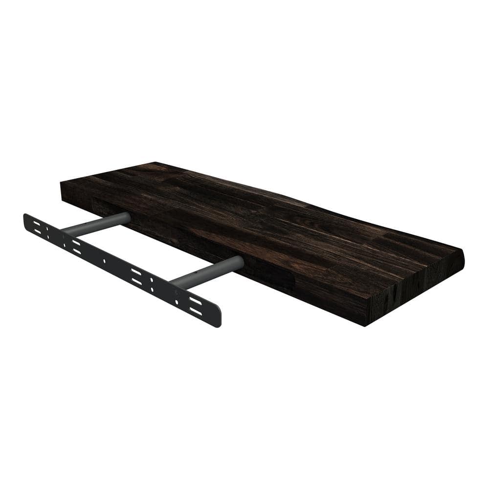 Interbuild Solid 2.3 ft. L x 10 in. D x 1.5 in. T, Acacia Butcher Block Floating Wall Shelf, Espresso with Live Edge
