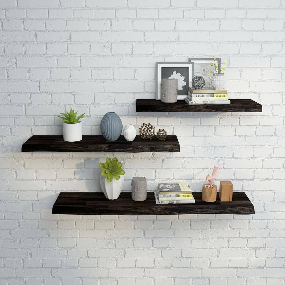 Interbuild Solid 2.9 ft. L x 10 in. D x 1.5 in. T, Acacia Butcher Block Countertop Floating Wall Shelf, Espresso with Live Edge