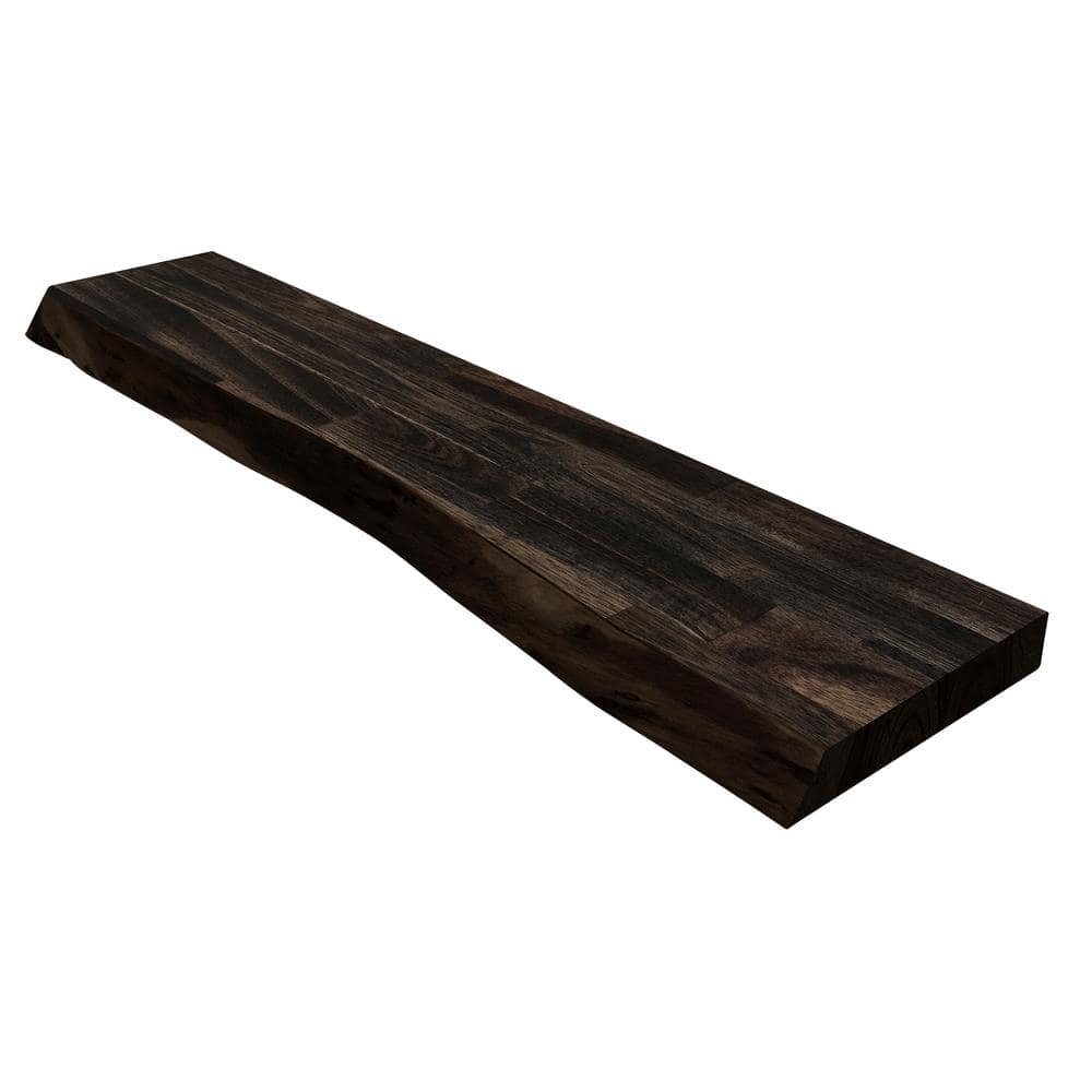 Interbuild Solid 2.9 ft. L x 10 in. D x 1.5 in. T, Acacia Butcher Block Countertop Floating Wall Shelf, Espresso with Live Edge