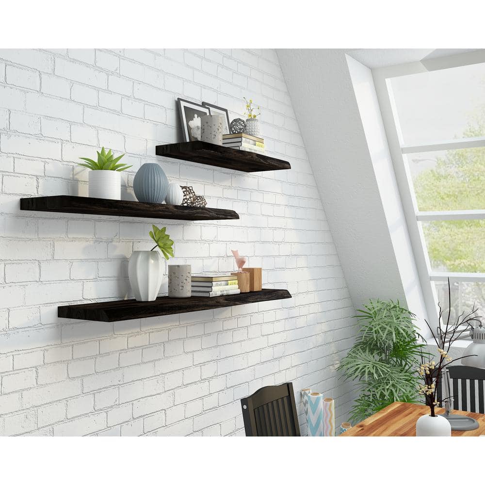 Interbuild Solid 2.9 ft. L x 10 in. D x 1.5 in. T, Acacia Butcher Block Countertop Floating Wall Shelf, Espresso with Live Edge
