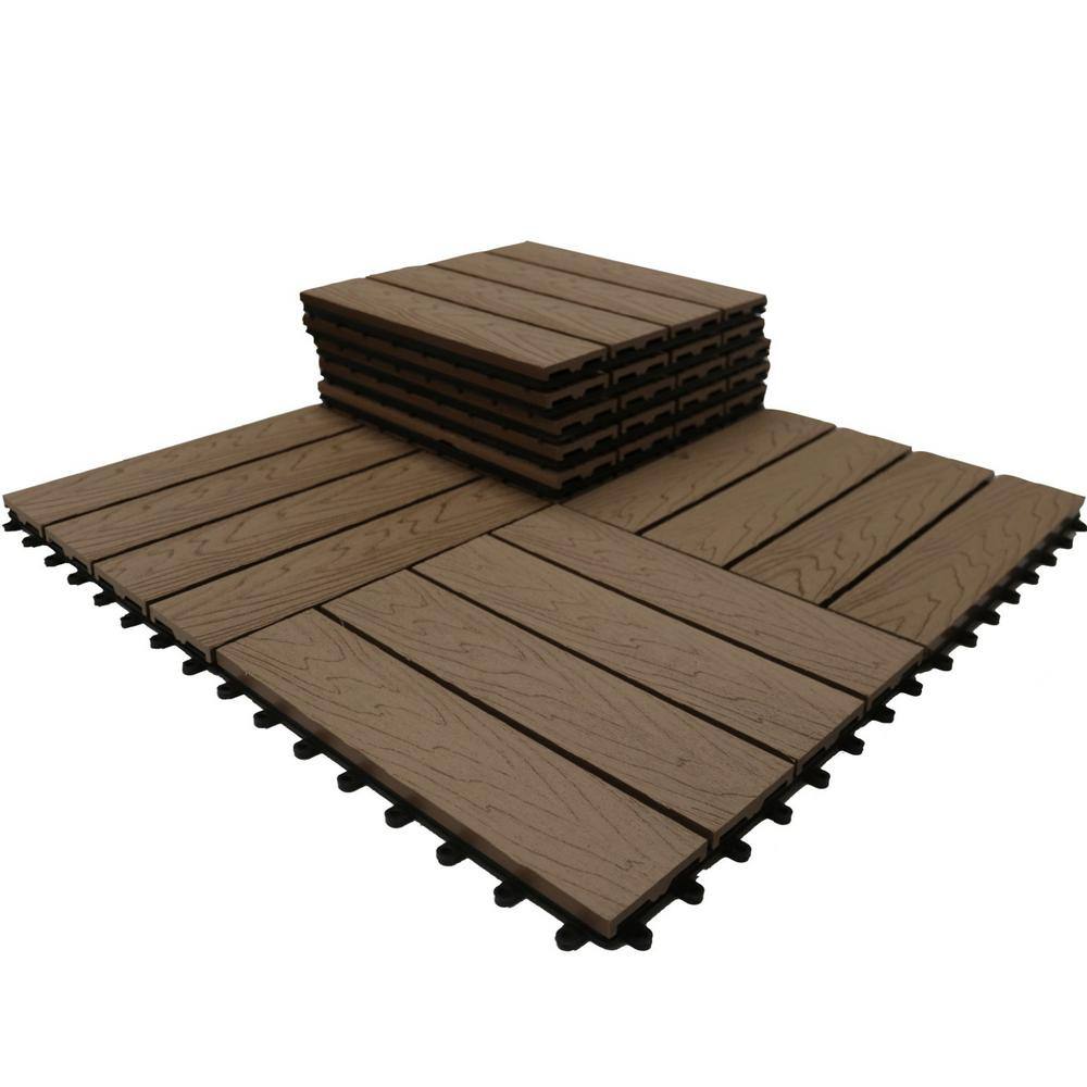 LH EP 12 in. x 12 in. WPC Composite Interlocking Flooring Deck Tiles with Parallel Design in Espresso (Pack of 11 Tiles)