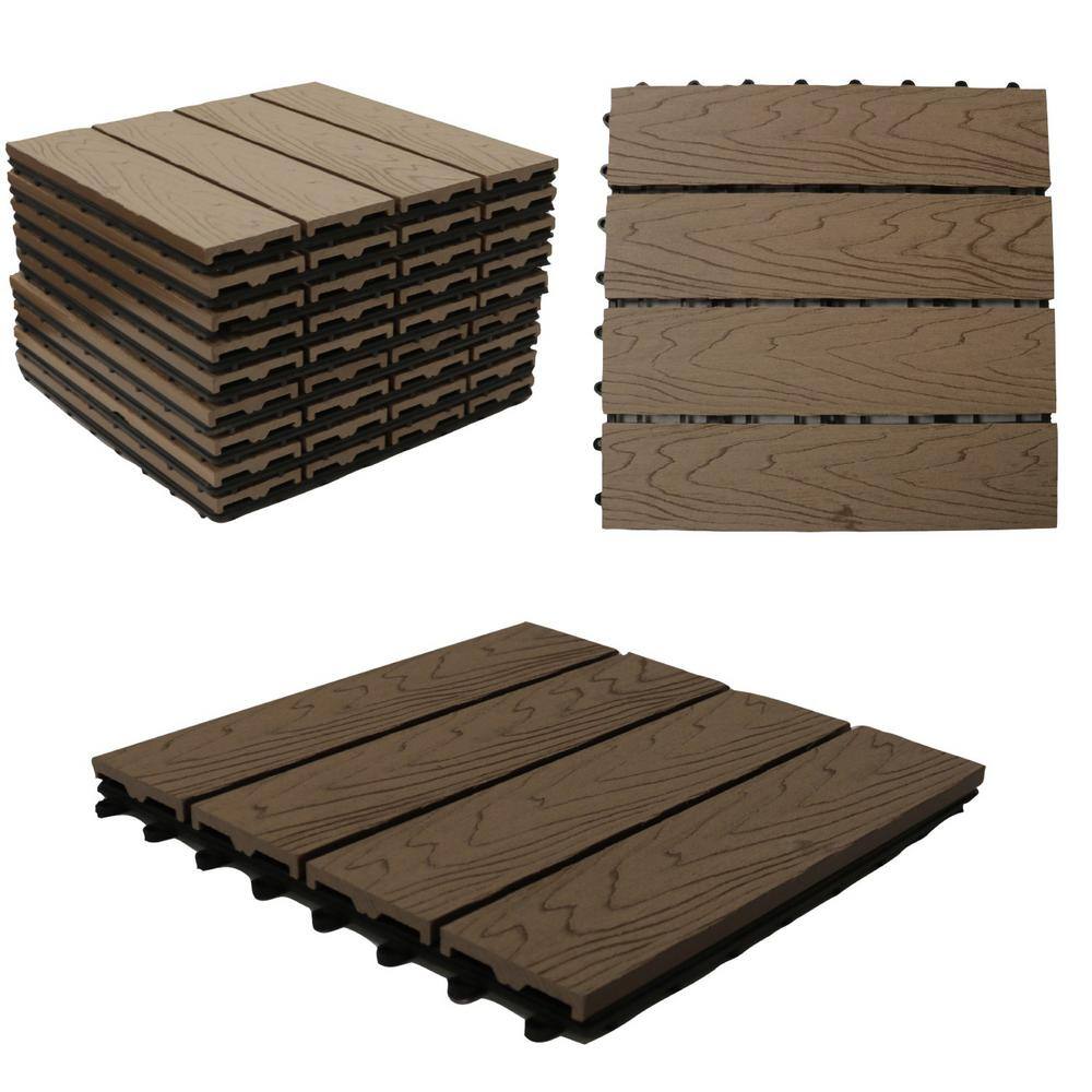 LH EP 12 in. x 12 in. WPC Composite Interlocking Flooring Deck Tiles with Parallel Design in Espresso (Pack of 11 Tiles)