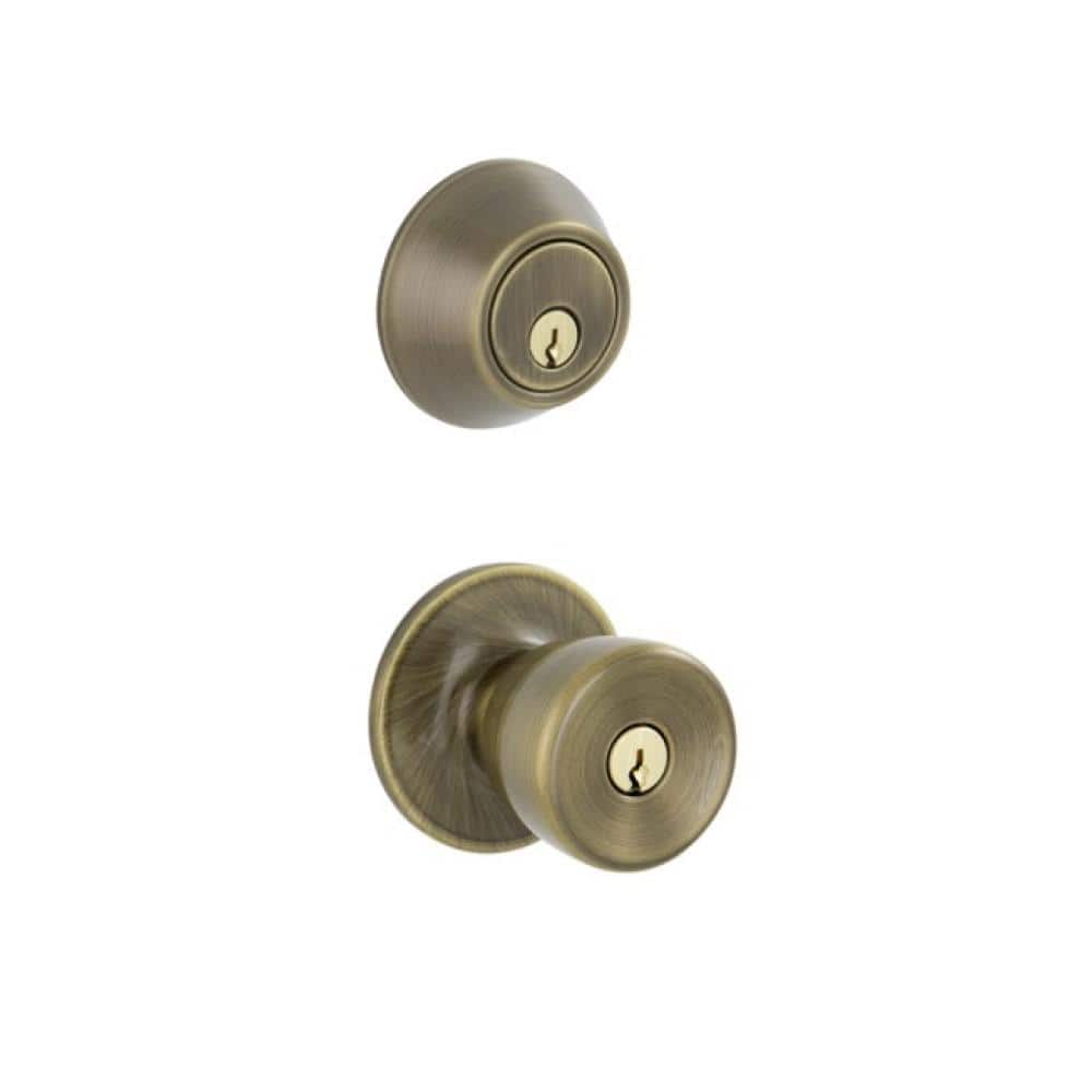Schlage ESSENTIALS Brill Antique Brass Single Cylinder Deadbolt & Keyed Entry Door Knob Combo Pack