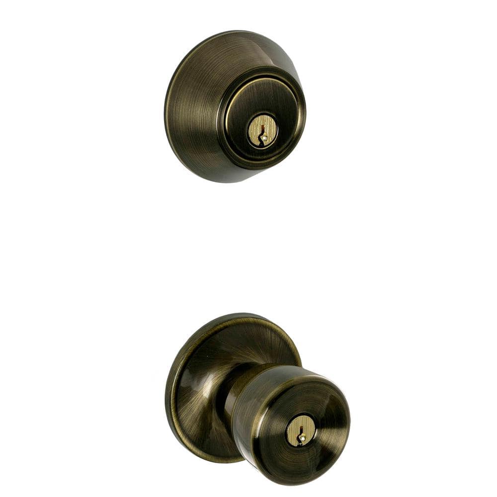 Schlage ESSENTIALS Brill Antique Brass Single Cylinder Deadbolt & Keyed Entry Door Knob Combo Pack