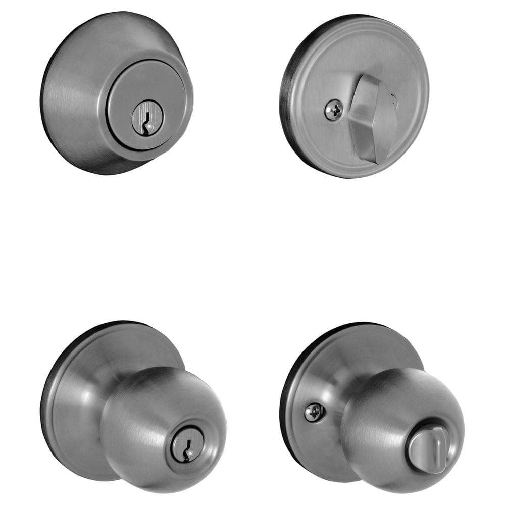 Schlage ESSENTIALS Morrow Satin Stainless Steel Single Cylinder Deadbolt and Keyed Entry Door Knob Combo Pack, VC60 V MOW 630