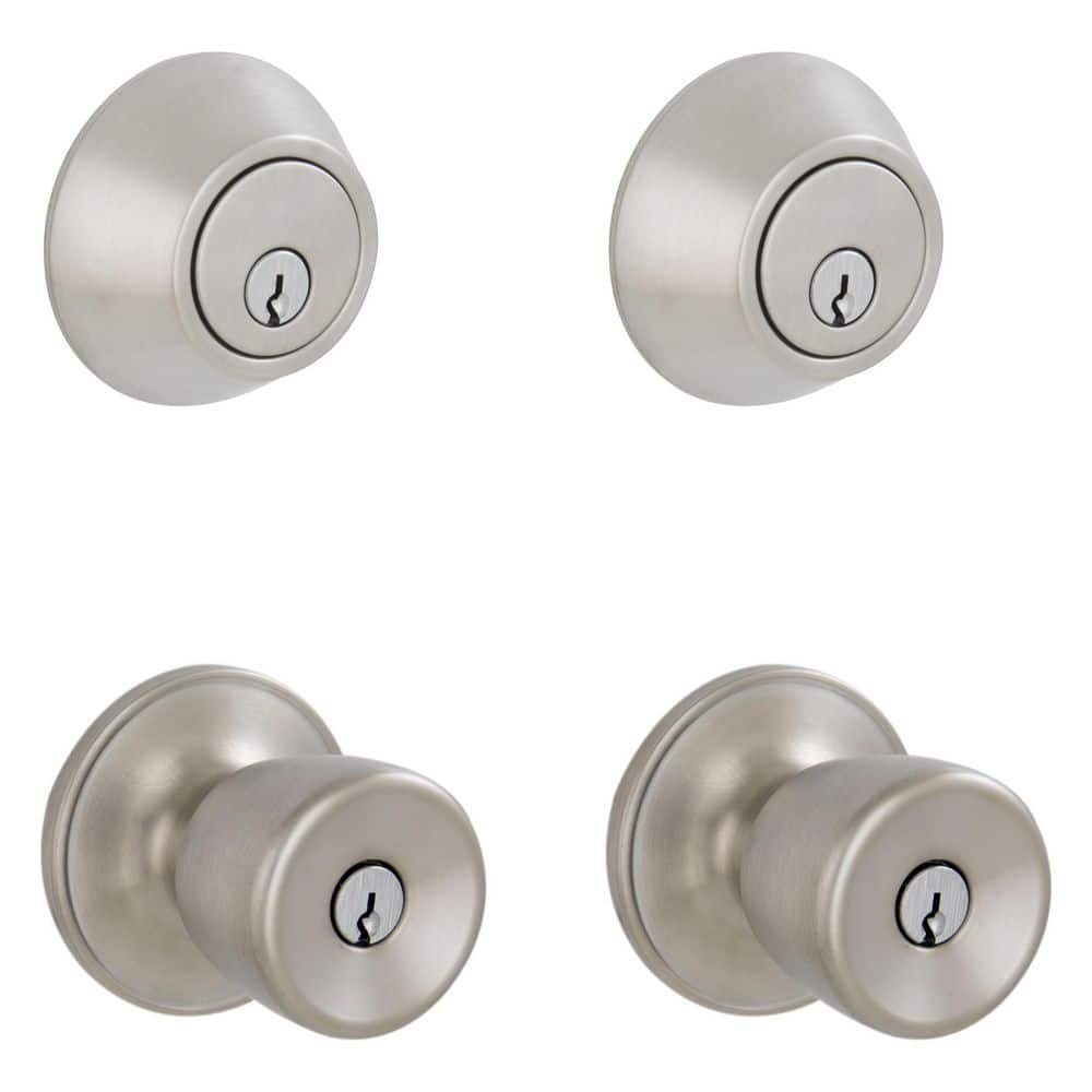 Schlage ESSENTIALS Brill Keyed Entry Knob & Satin Stainless Steel Single Cylinder Deadbolt Project Pack