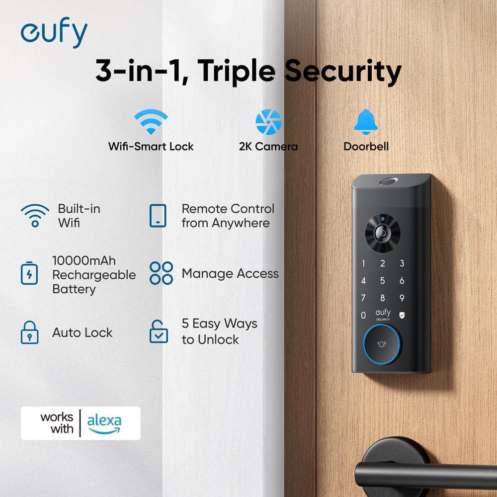 eufy Security E330 Black Video Smart Lock WiFi 3-in-1 Camera, Doorbell, and Fingerprint Keyless Entry Door Lock with Built-In Chime
