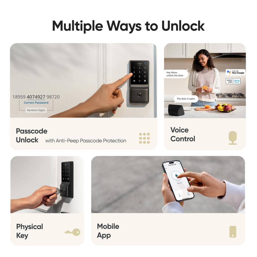 eufy Security C210 Black Smart Lock Wi-Fi with 5-in-1 Ways to Unlock by Mobile App, Keypad, Key, Apple Watch and Smart Assistants