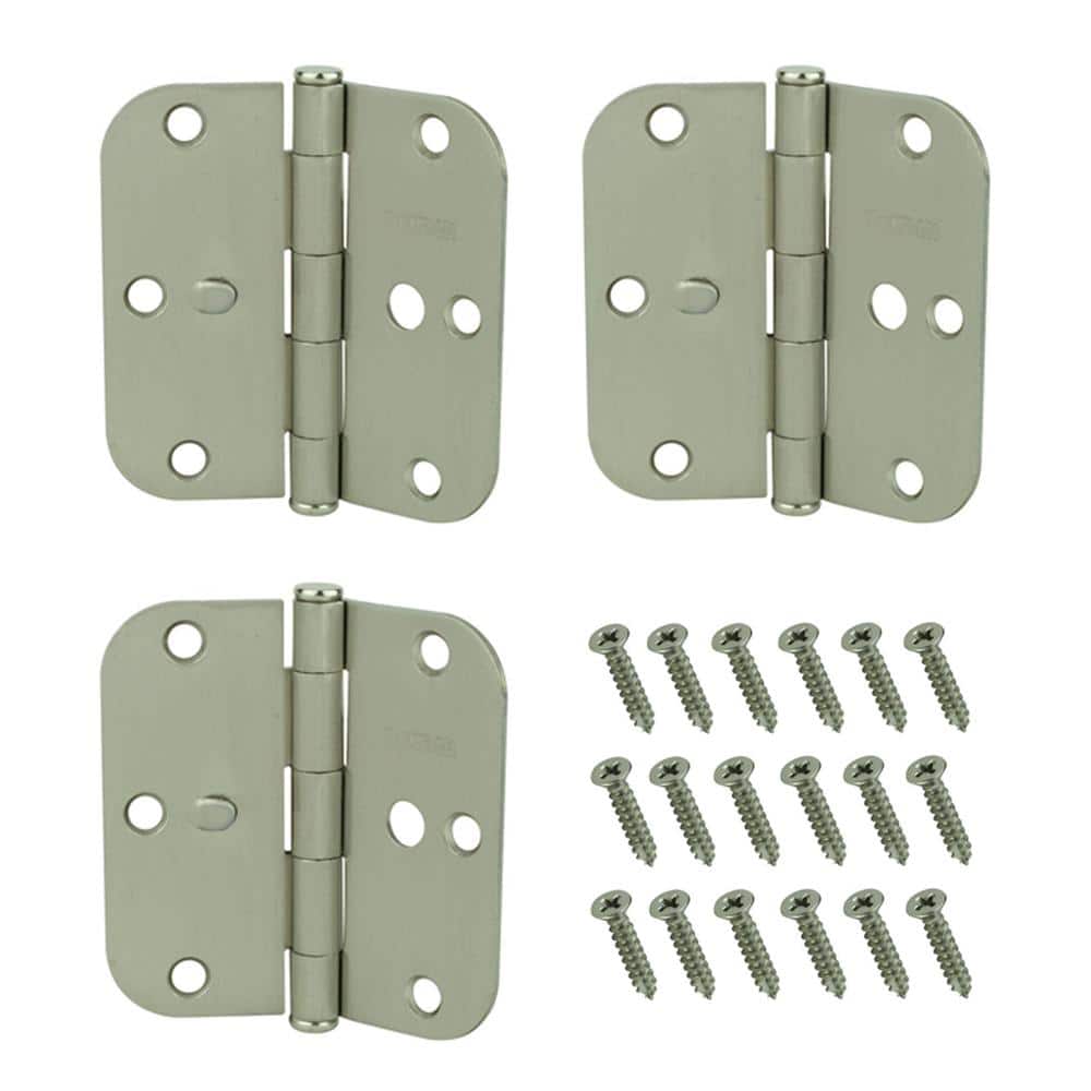 Everbilt 3-1/2 in. Satin Nickel Door Hinges, 5/8 in. Radius Security Butt Hinges Value Pack (3-Pack)