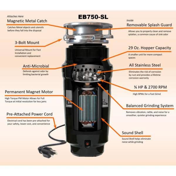 Everbilt 3/4 HP Slim Continuous Feed Garbage Disposal with Stainless Steel Sink Flange and Attached Power Cord