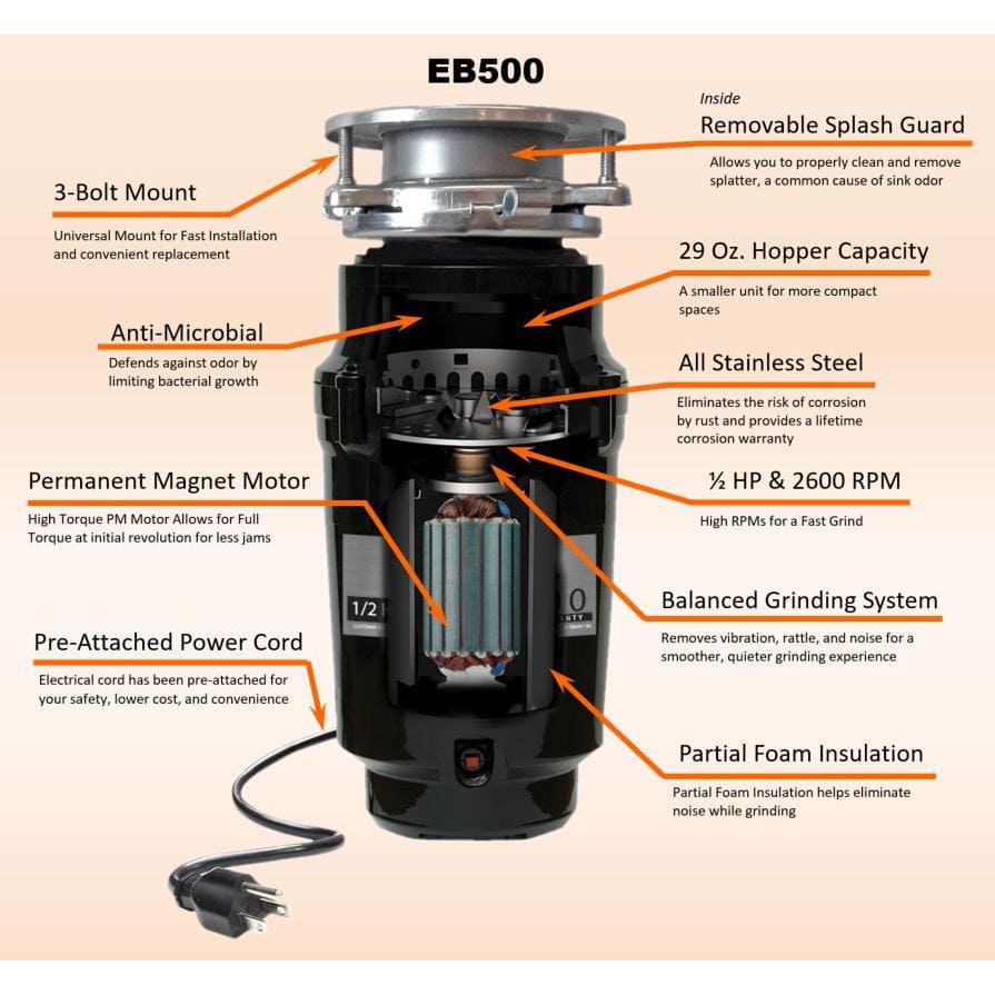 Everbilt 1/2 HP Standard Continuous Feed Garbage Disposal with Stainless Steel Sink Flange and Attached Power Cord
