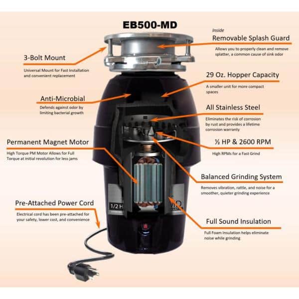 Everbilt 1/2 HP Sound-Insulated Continuous Feed Garbage Disposal with Stainless Steel Sink Flange and Attached Power Cord