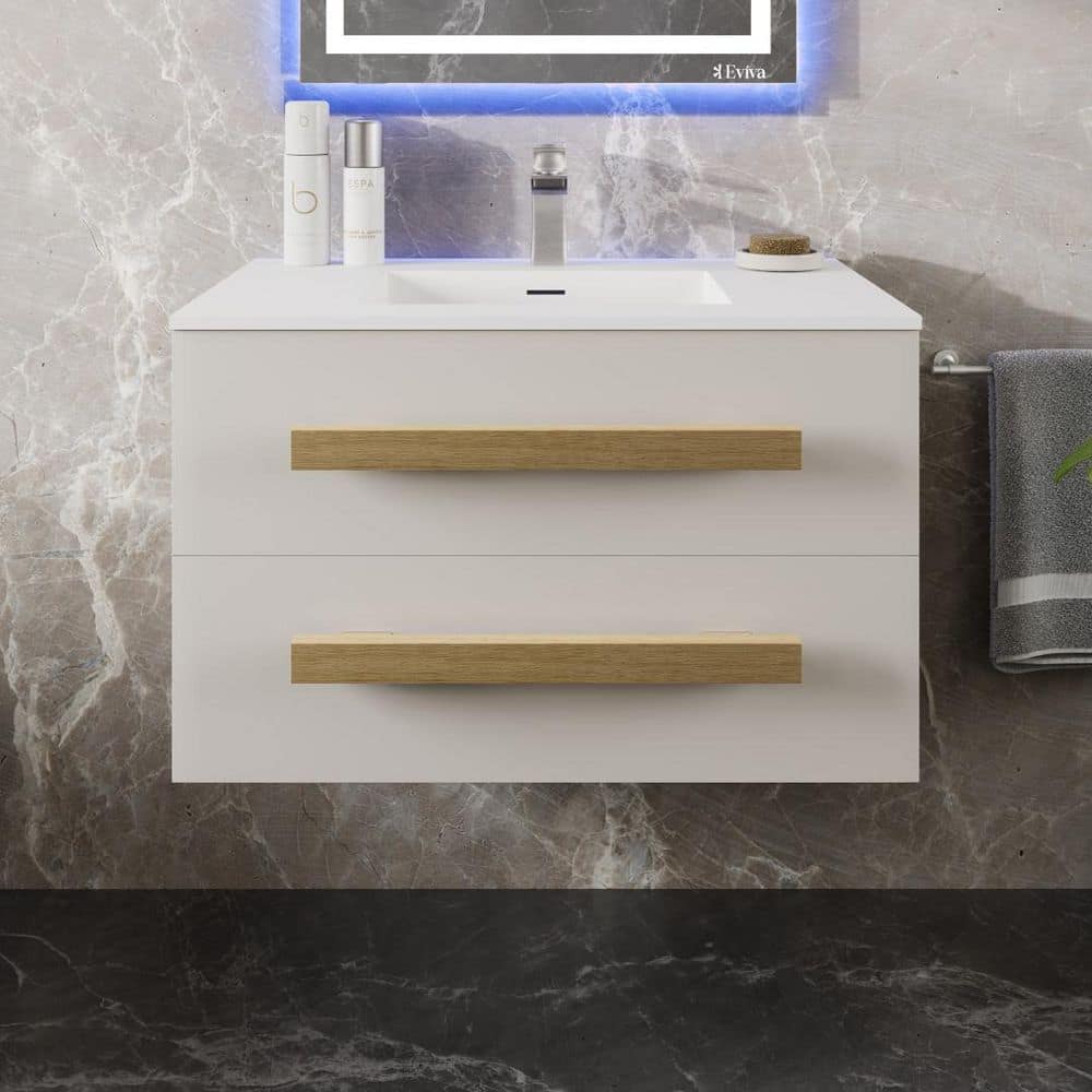 Eviva Element 32"W x 20"D White Wall-Mount Bathroom Vanity with White Solid Surface Countertop and Integrated Sink