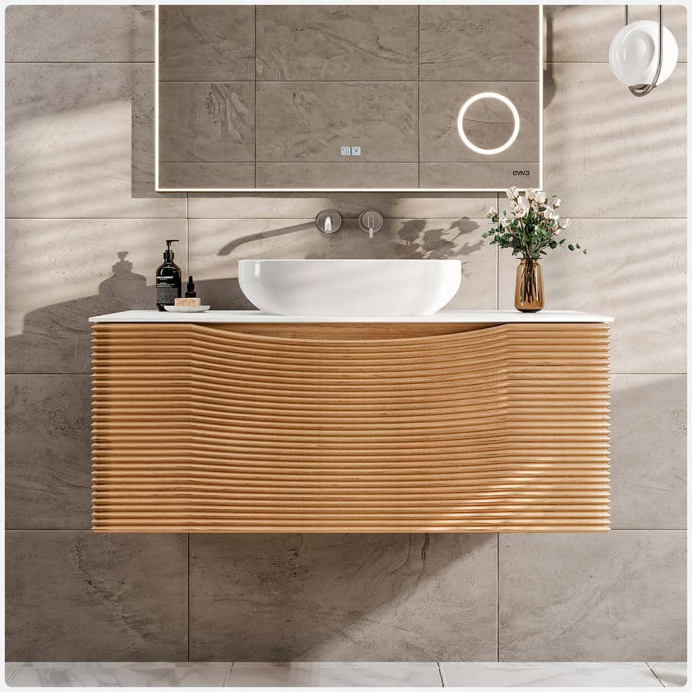 Eviva Leah 32 in. W Solid Wood Single Sink Floating Bath Vanity in Medium Oak with White Solid Surface Top