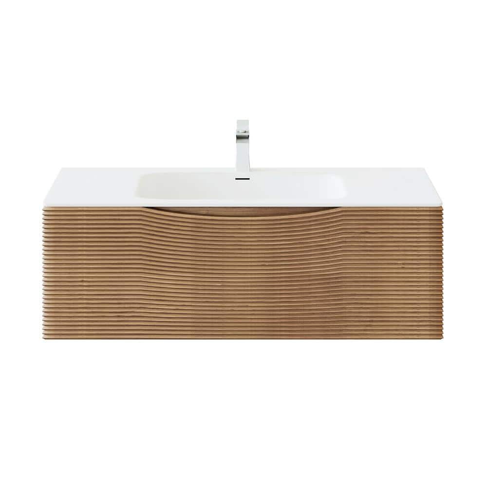 Eviva Leah 39 in. W Solid Wood Single Sink Bath Vanity Floating in Medium Oak with White Solid Surface Top