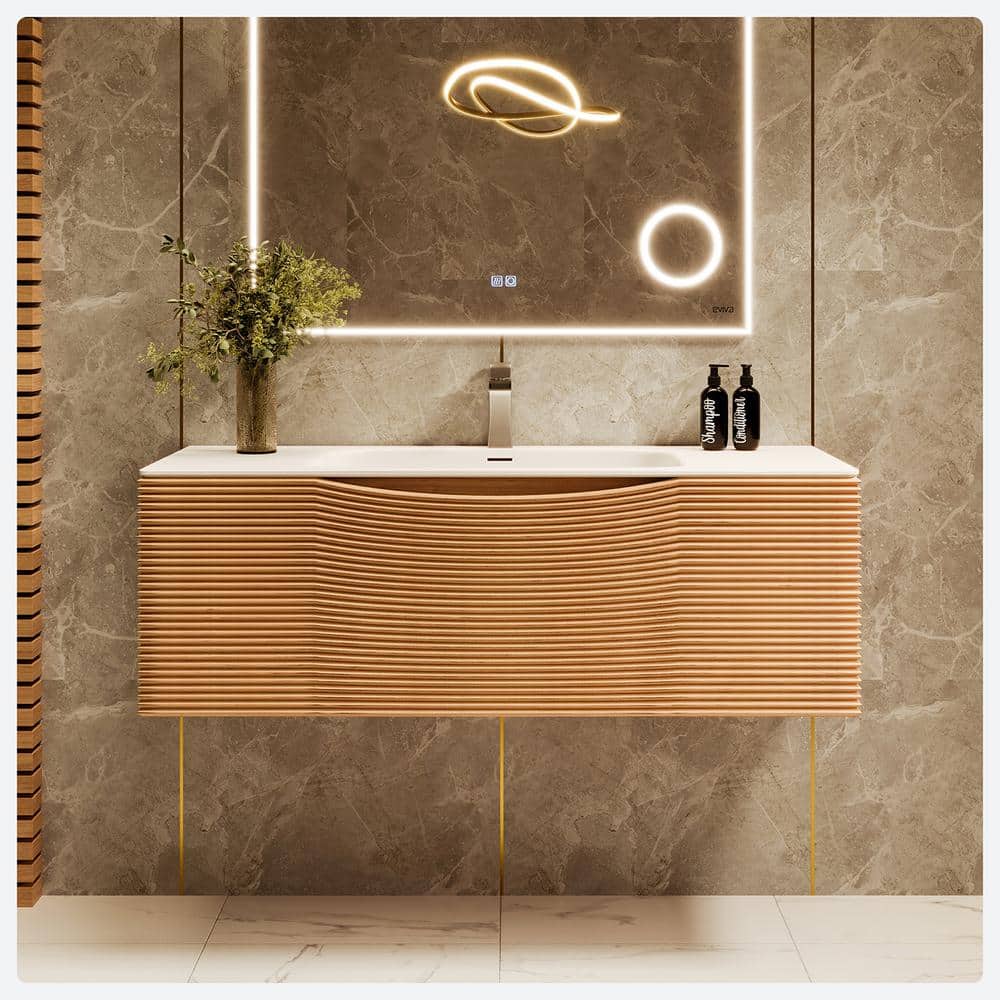 Eviva Leah 39 in. W Solid Wood Single Sink Bath Vanity Floating in Medium Oak with White Solid Surface Top