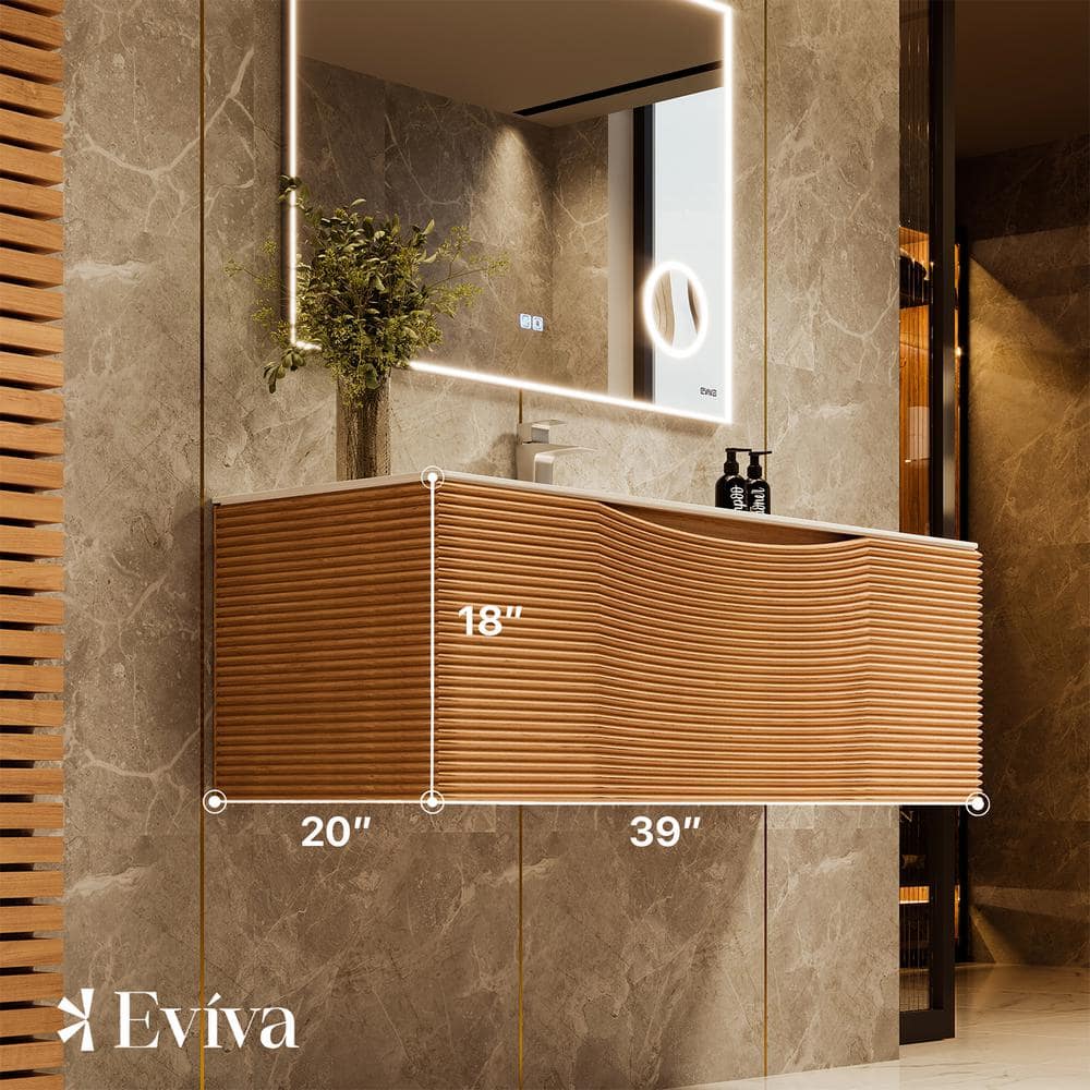 Eviva Leah 39 in. W Solid Wood Single Sink Bath Vanity Floating in Medium Oak with White Solid Surface Top