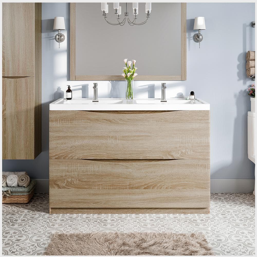 Eviva Smiley 48 in. W x 18 in. D x 32.5 in. H Freestanding Bath Vanity in White Oak with White Acrylic Top