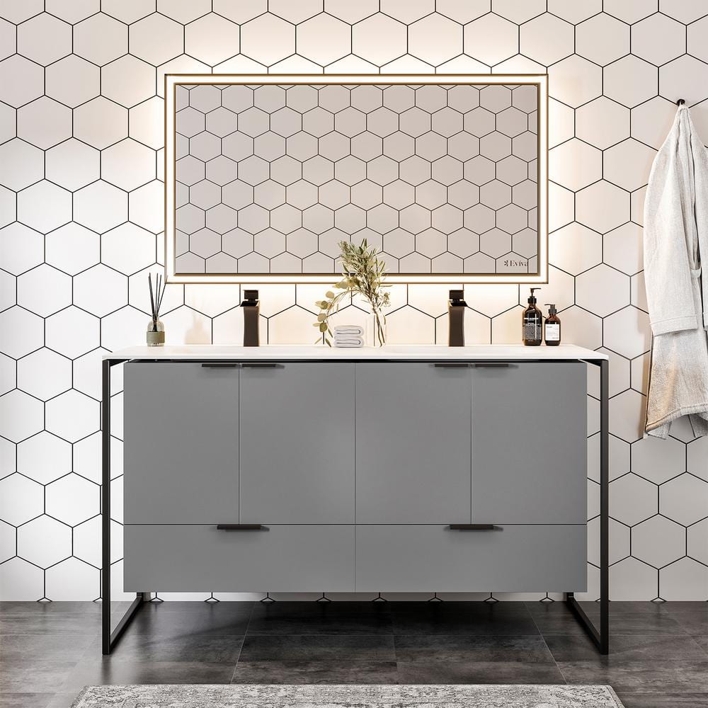 Moma 48 in. W x 18 in. D x 34 in. H Double Bathroom Vanity in Gray with White Solid Surface Top with White Sinks