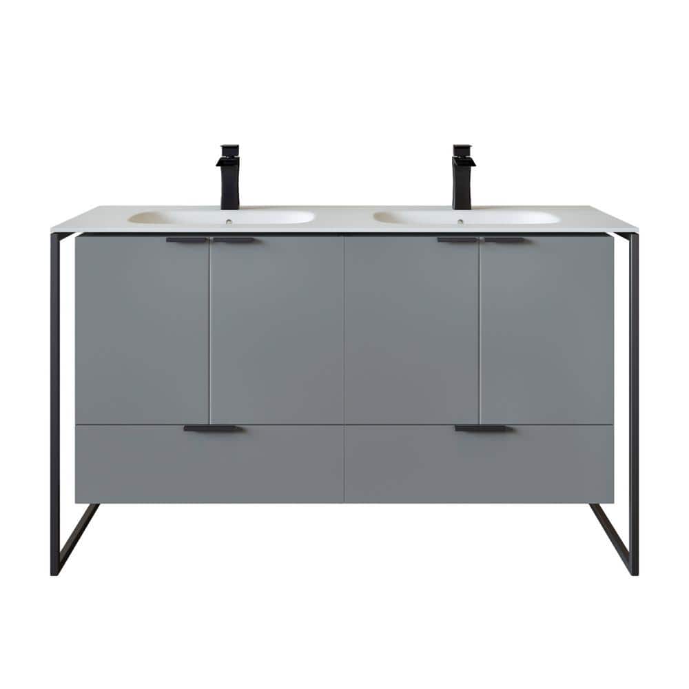 Moma 48 in. W x 18 in. D x 34 in. H Double Bathroom Vanity in Gray with White Solid Surface Top with White Sinks