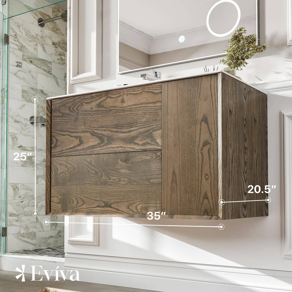 Eviva Ciocco 35 in. W Solid Wood Bath Vanity in Walnut with White Solid Surface Top with White Sink