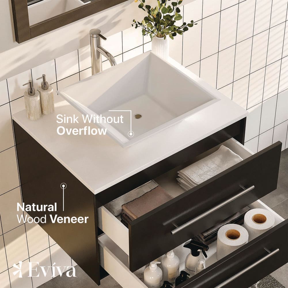 Eviva Totti Wave 24 in. W x 21 in. D x 22 in. H Floating Bathroom Vanity with White Glassos Top and White Porcelain Vessel Sink