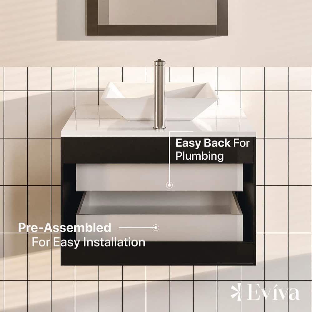 Eviva Totti Wave 24 in. W x 21 in. D x 22 in. H Floating Bathroom Vanity with White Glassos Top and White Porcelain Vessel Sink