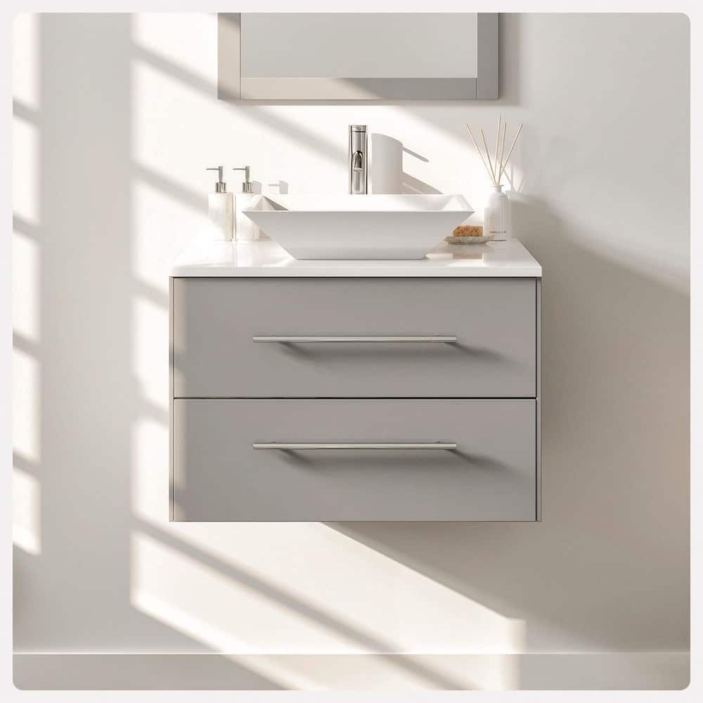 Eviva Totti Wave 24 in. W x 21 in. D x 22 in. H Floating Bathroom Vanity in Gray with White Glassos Top and White Vessel Sink