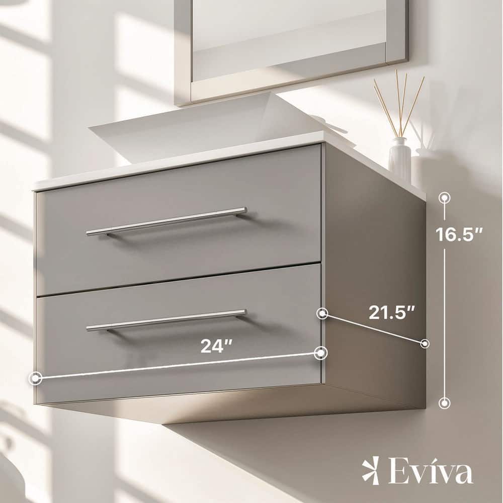 Eviva Totti Wave 24 in. W x 21 in. D x 22 in. H Floating Bathroom Vanity in Gray with White Glassos Top and White Vessel Sink