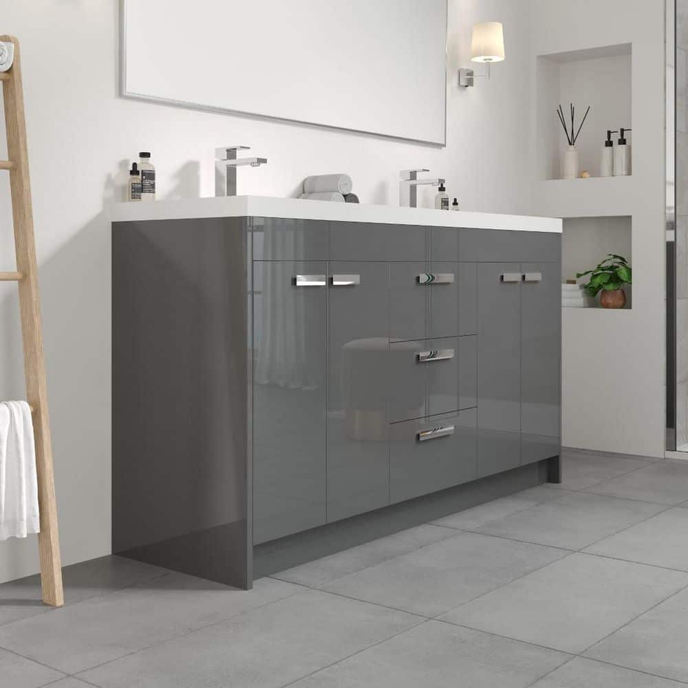 Eviva Lugano 60 in. W x 19 in. D x 36 in. H Double Bath Vanity in Gray with White Acrylic Top and Integrated Sinks