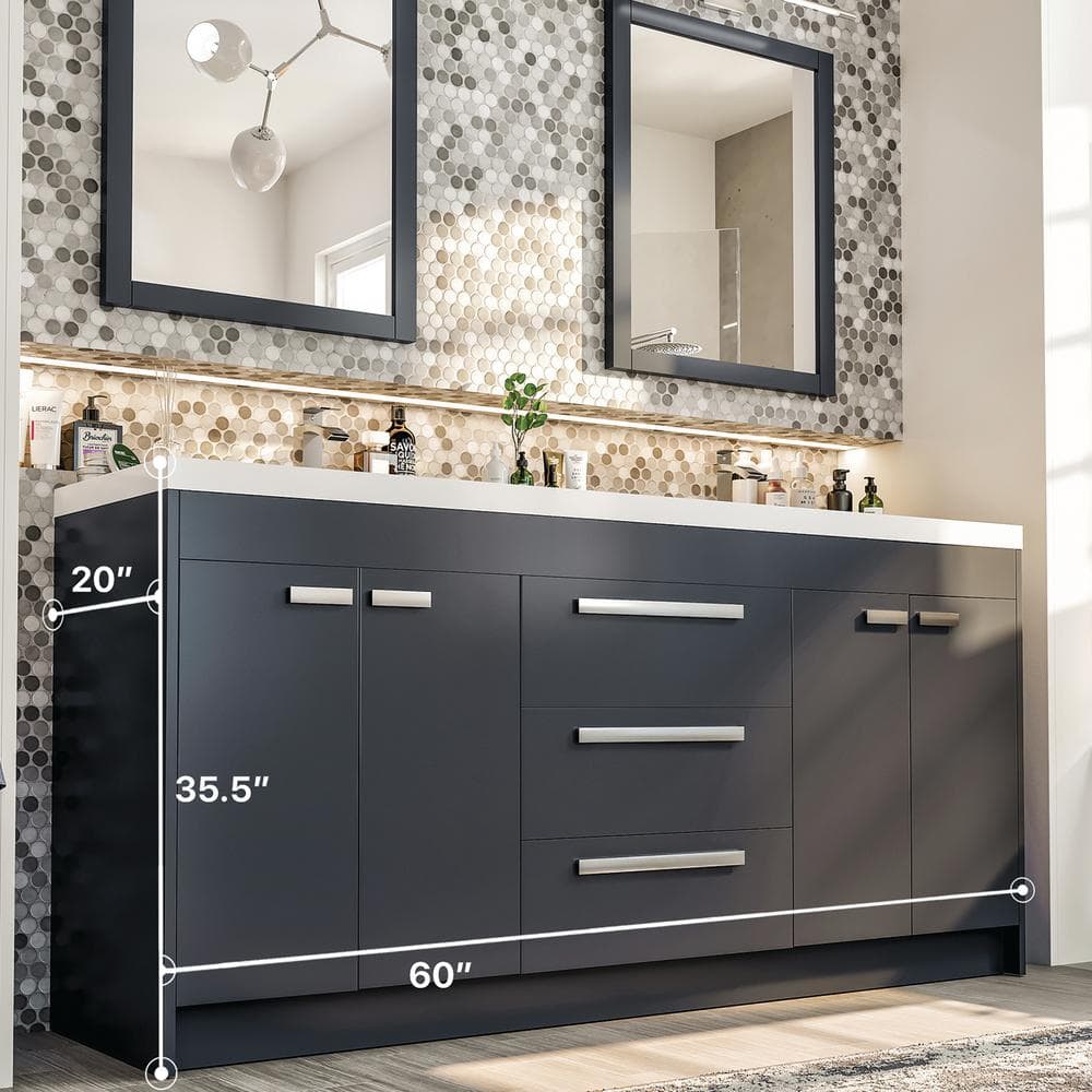 Eviva Lugano 60 in. W x 19 in. D x 36 in. H Double Bath Vanity in Gray with White Acrylic Top and Integrated Sinks
