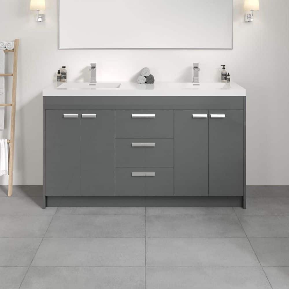 Eviva Lugano 60 in. W x 19 in. D x 36 in. H Double Bath Vanity in Gray with White Acrylic Top and Integrated Sinks