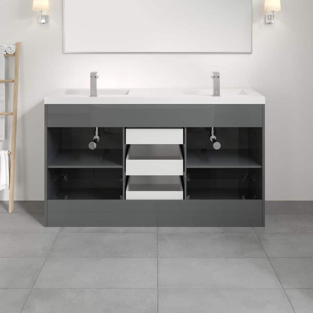 Eviva Lugano 60 in. W x 19 in. D x 36 in. H Double Bath Vanity in Gray with White Acrylic Top and Integrated Sinks