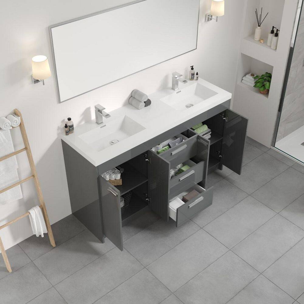 Eviva Lugano 60 in. W x 19 in. D x 36 in. H Double Bath Vanity in Gray with White Acrylic Top and Integrated Sinks