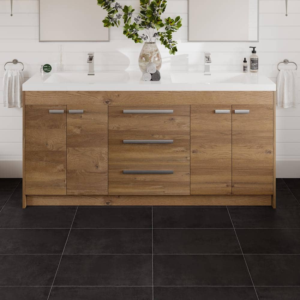 Eviva Lugano 72 in. W x 20 in. D Natural Oak Double Sink Bathroom Vanity with White Acrylic Integrated Top Sink