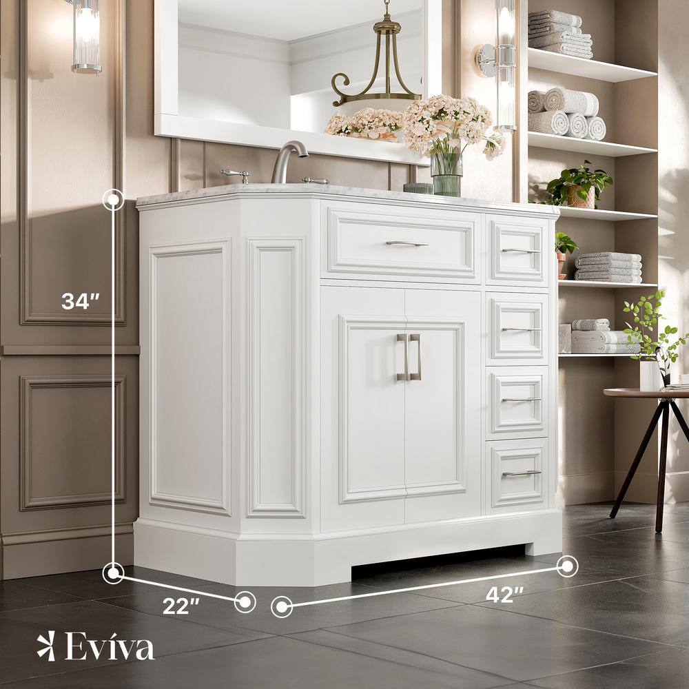 Eviva Glory 42 in. W x 22 in. D x 33 in. H Bathroom Vanity in White with White Cararra Marble Top with White Sink