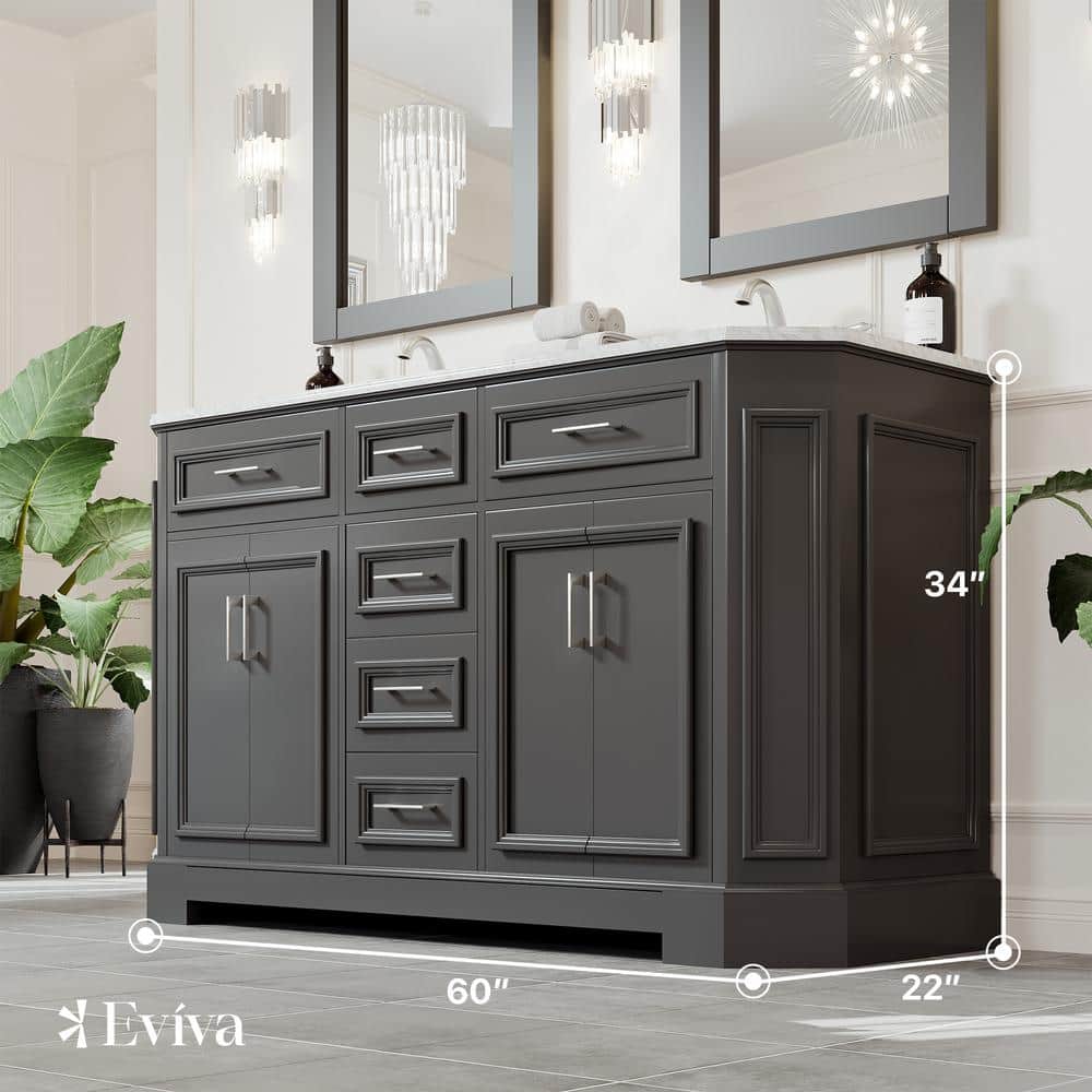 Eviva Glory 60 in W x 22 in. D x 33 in. H Double Bathroom Vanity in Dark Gray with White Carrara Marble Top with White Sinks