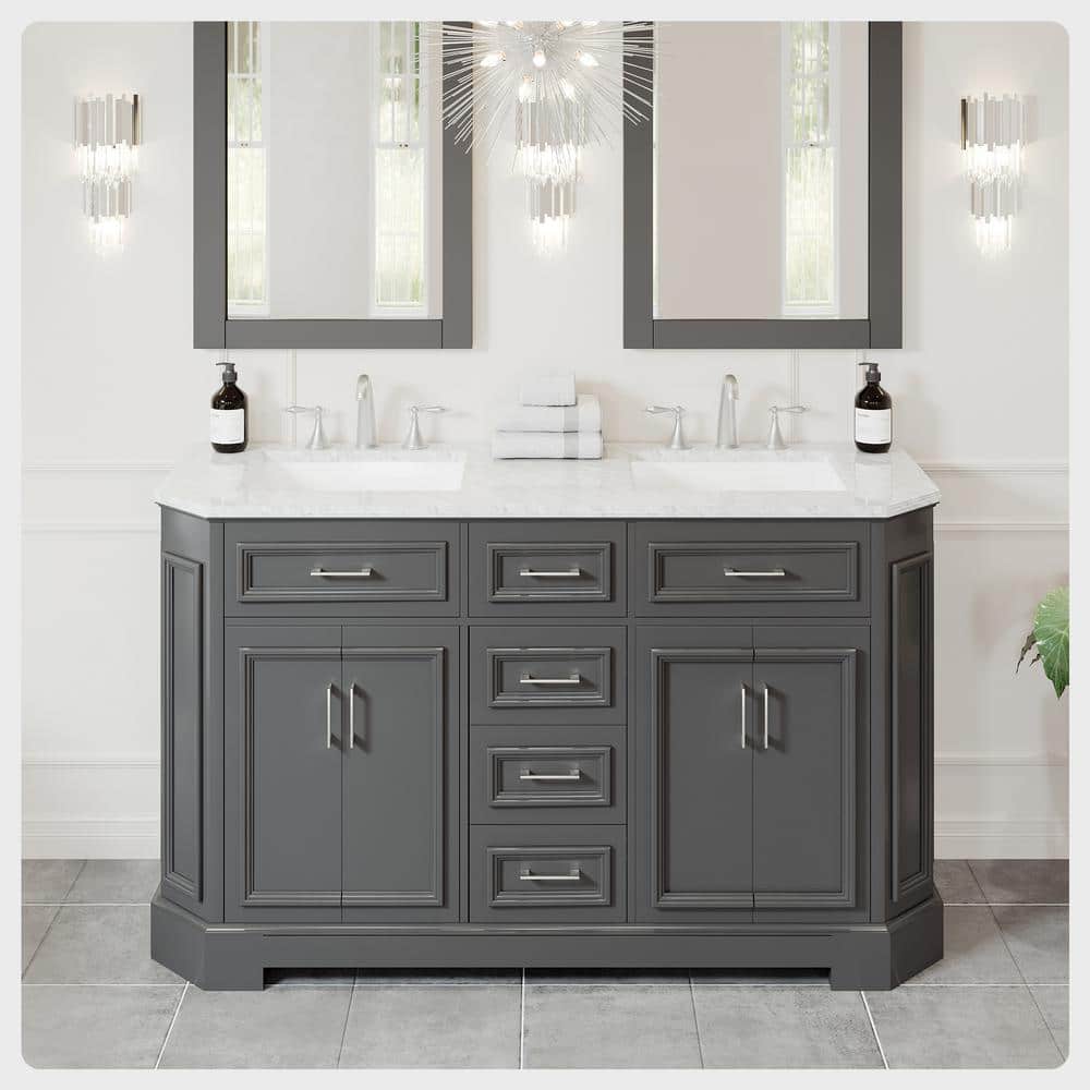 Eviva Glory 60 in W x 22 in. D x 33 in. H Double Bathroom Vanity in Dark Gray with White Carrara Marble Top with White Sinks
