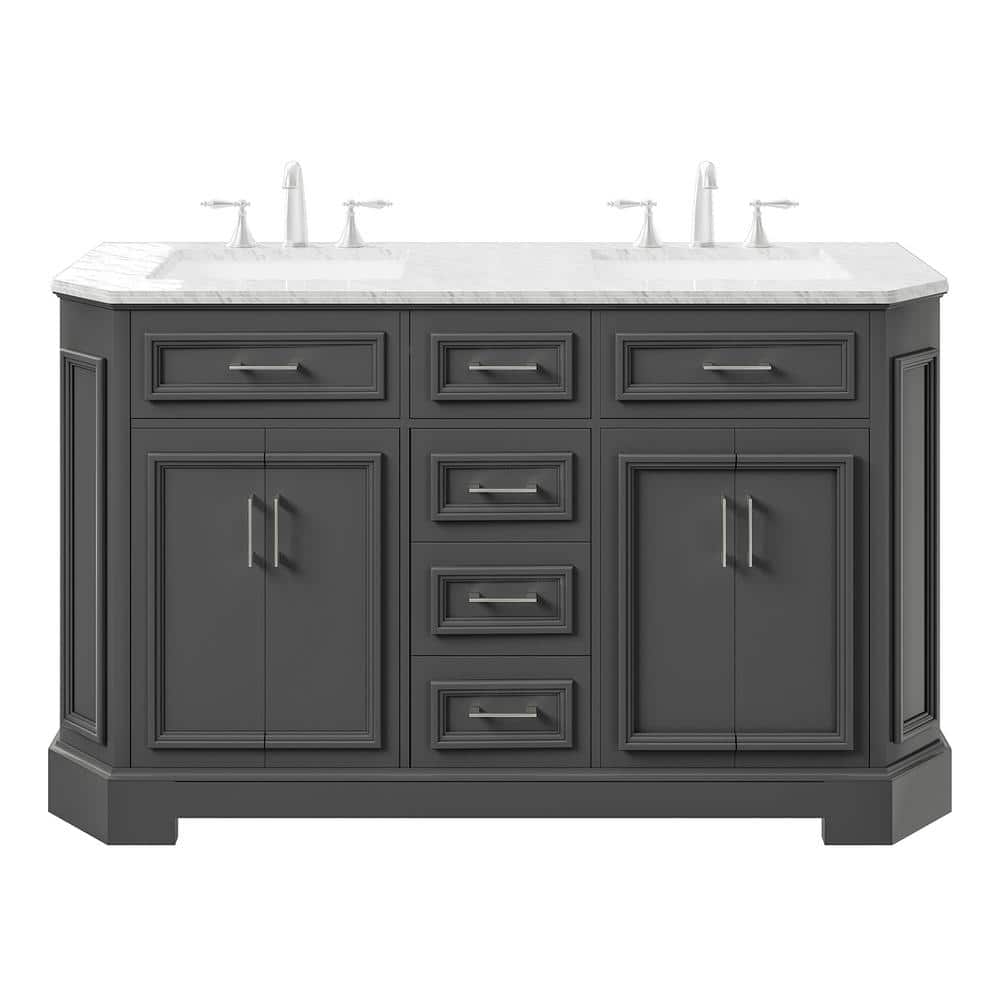 Eviva Glory 60 in W x 22 in. D x 33 in. H Double Bathroom Vanity in Dark Gray with White Carrara Marble Top with White Sinks