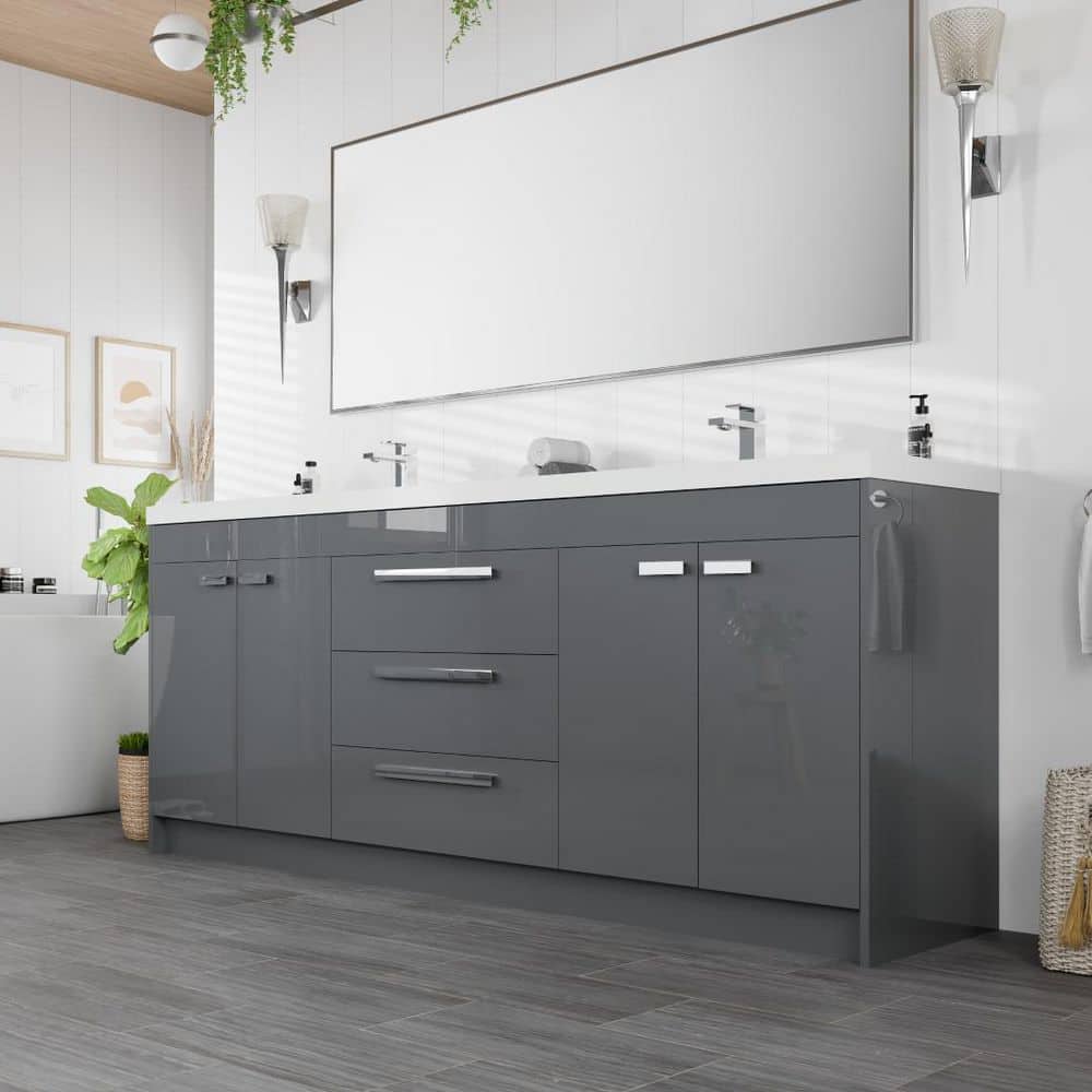 Eviva Lugano 84 in. W x 19.5 in. D x 35.5 in. H Double Bathroom Vanity in Gray with White Acrylic Top and Integrated Sinks