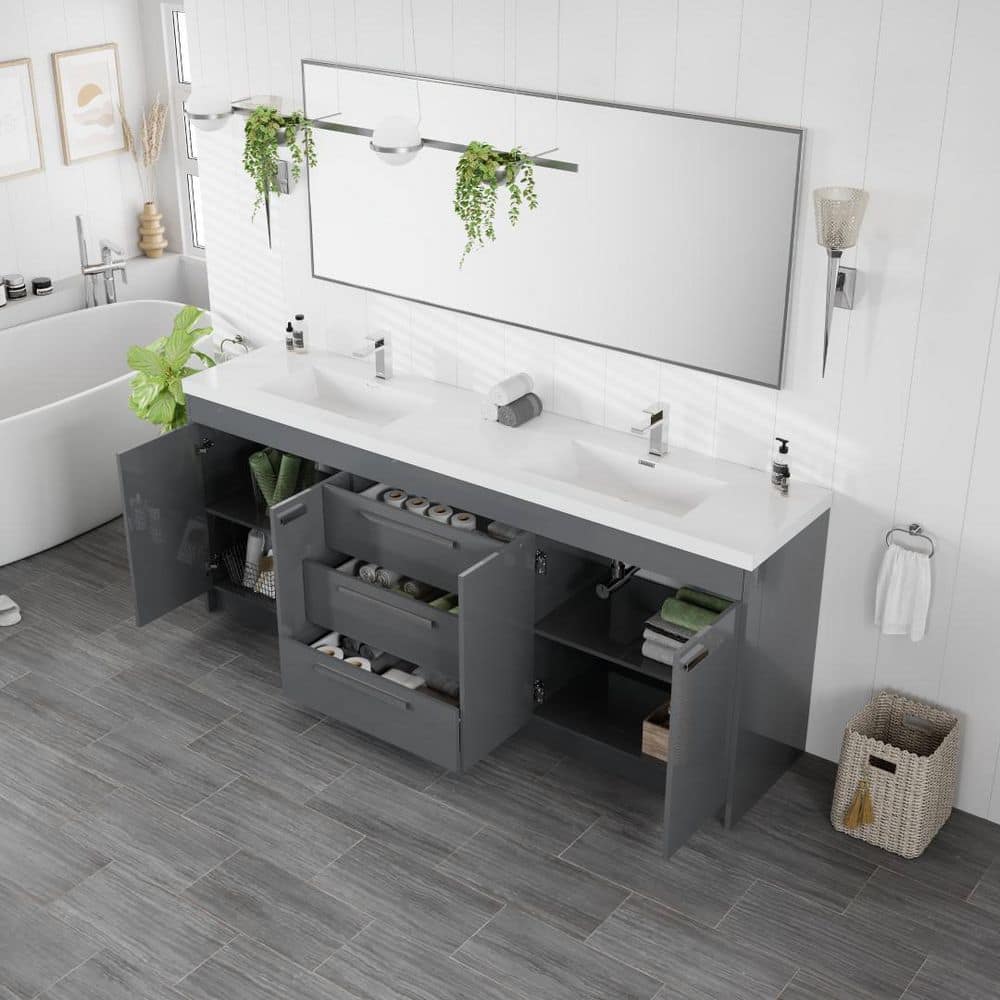 Eviva Lugano 84 in. W x 19.5 in. D x 35.5 in. H Double Bathroom Vanity in Gray with White Acrylic Top and Integrated Sinks