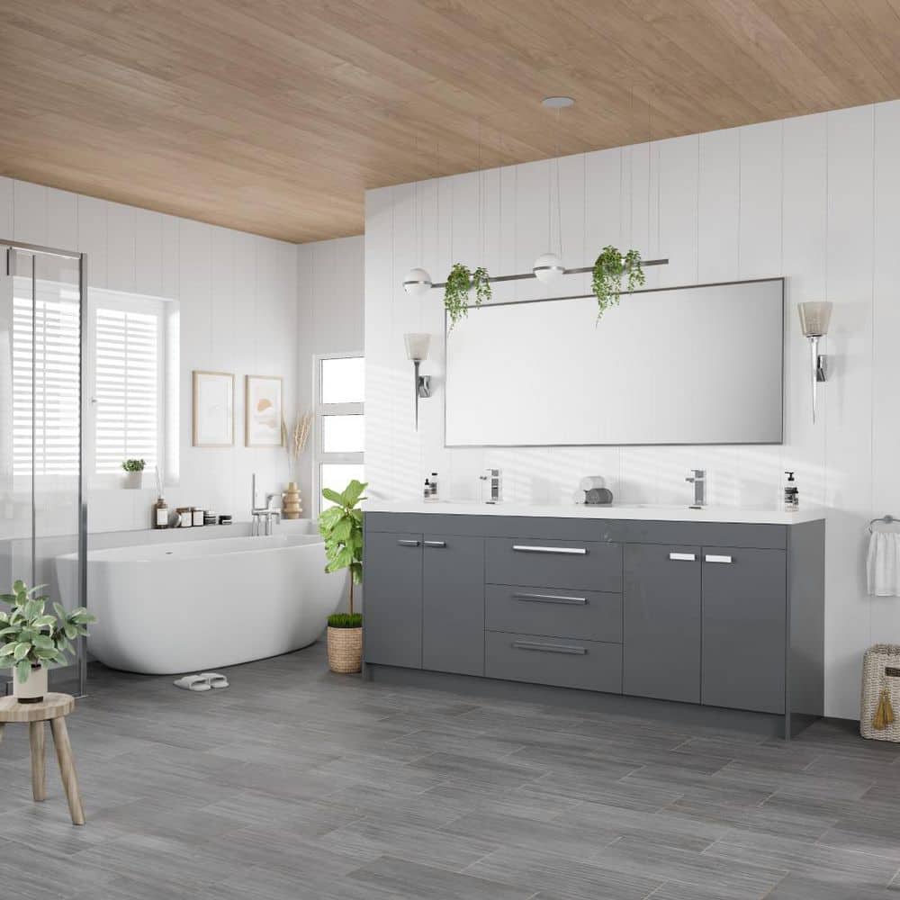 Eviva Lugano 84 in. W x 19.5 in. D x 35.5 in. H Double Bathroom Vanity in Gray with White Acrylic Top and Integrated Sinks