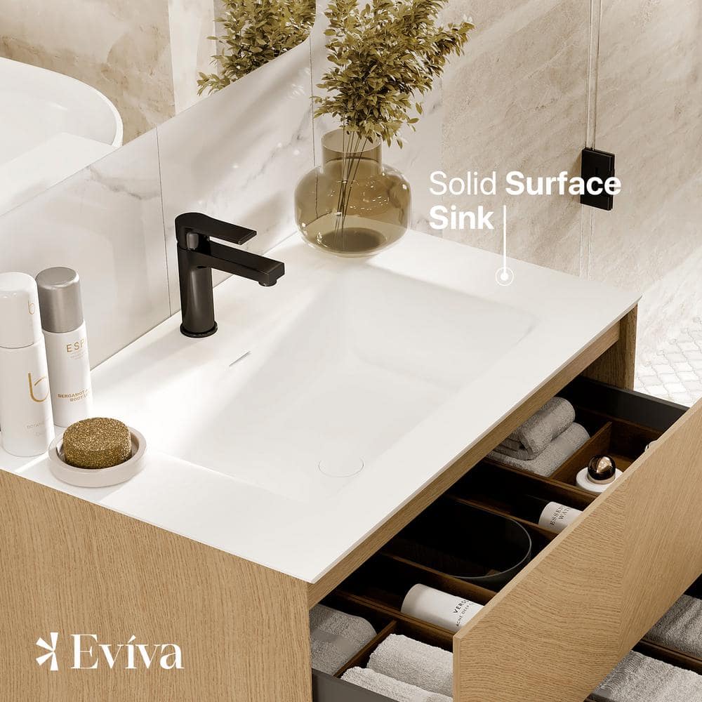 Eviva Lotus 24 in. W. x 22 in. D x 22 in. H Oak Wall Mount Bathroom Vanity with White Solid Surface Integrated Sink Top