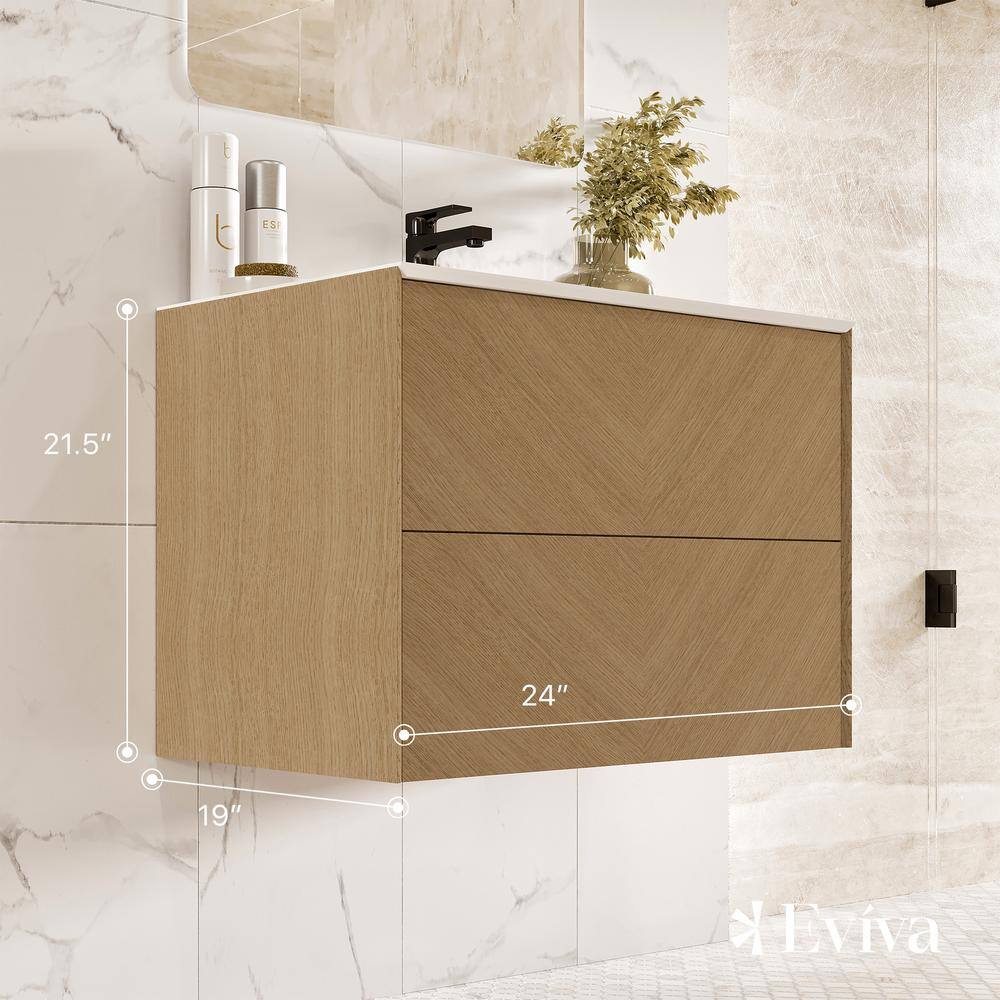Eviva Lotus 24 in. W. x 22 in. D x 22 in. H Oak Wall Mount Bathroom Vanity with White Solid Surface Integrated Sink Top