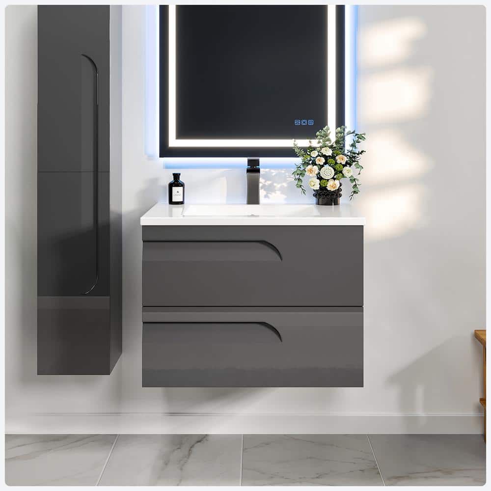 Joyous 32 in. W x 18 in. D x 22.5 in. H Floating Bath Vanity in Grey with White Porcelain Top