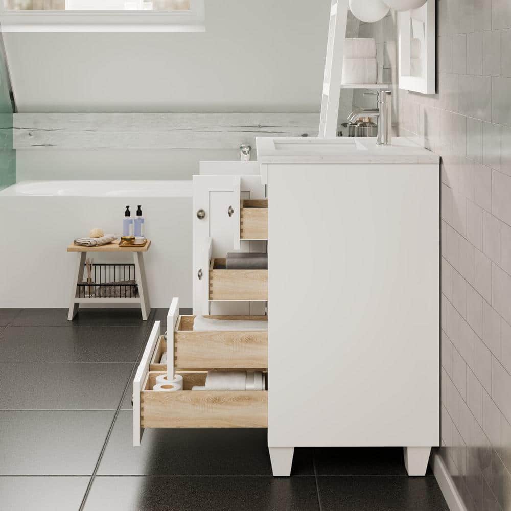 Eviva Happy 28 in. W x 18 in. D x 34 in. H White Bathroom Vanity with White Carrara Marble Top and White Undermount Sink