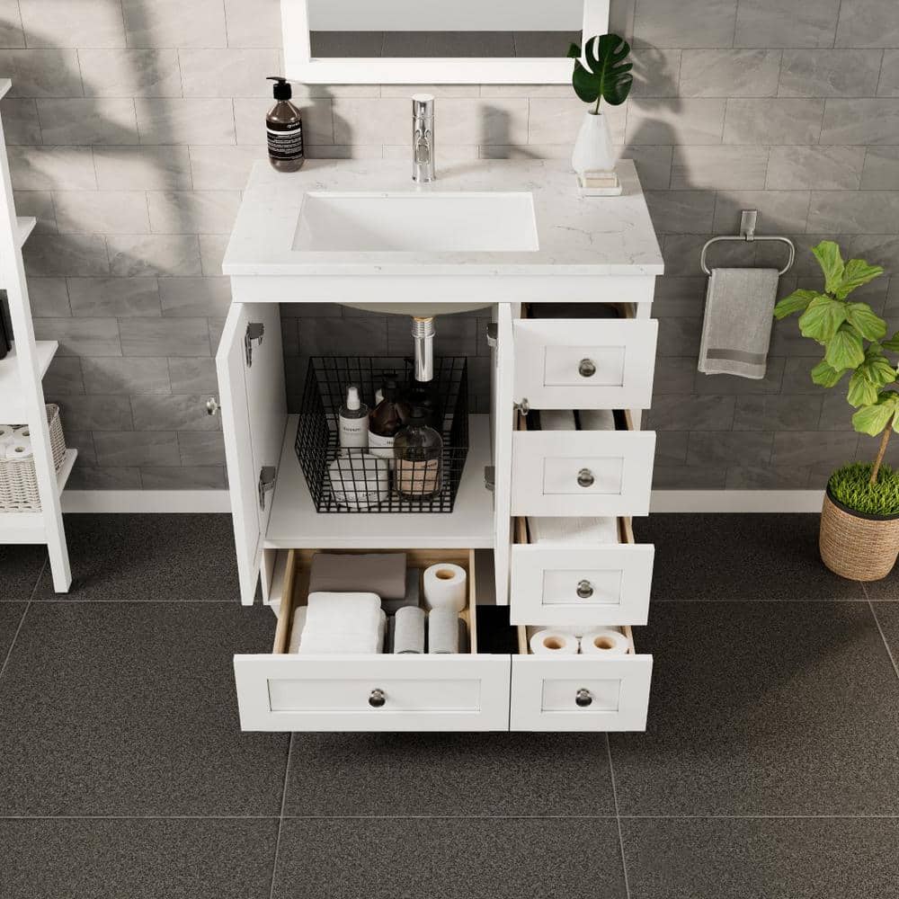 Eviva Happy 28 in. W x 18 in. D x 34 in. H White Bathroom Vanity with White Carrara Marble Top and White Undermount Sink