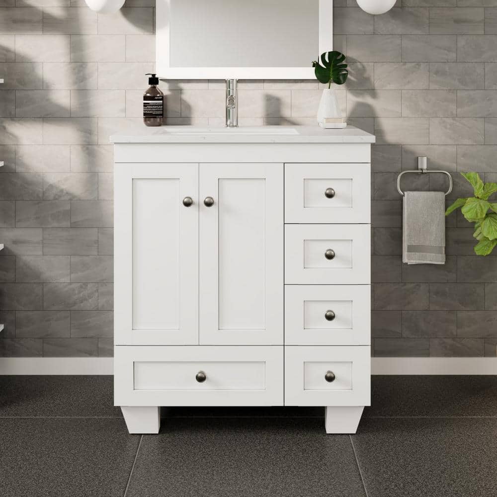 Eviva Happy 28 in. W x 18 in. D x 34 in. H White Bathroom Vanity with White Carrara Marble Top and White Undermount Sink