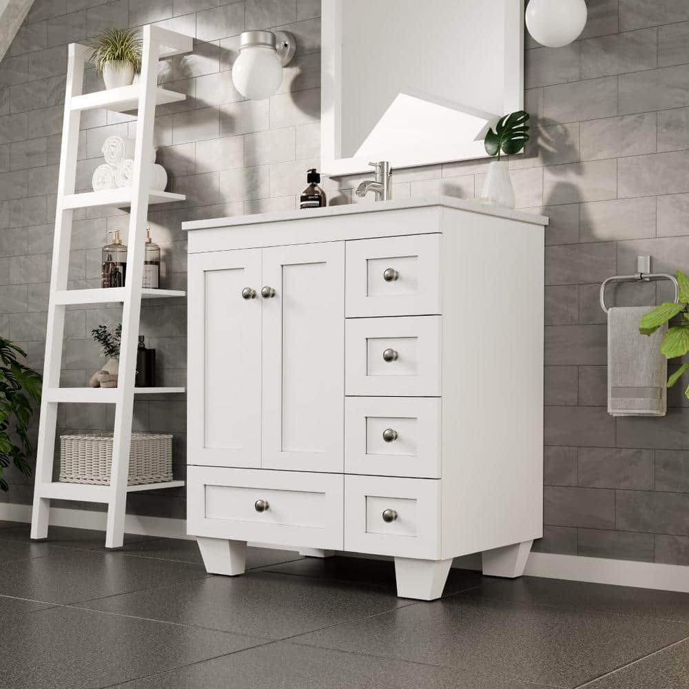 Eviva Happy 28 in. W x 18 in. D x 34 in. H White Bathroom Vanity with White Carrara Marble Top and White Undermount Sink