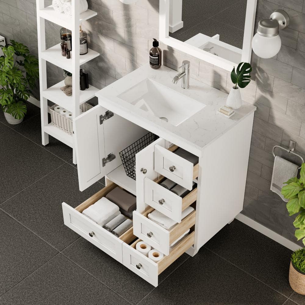 Eviva Happy 28 in. W x 18 in. D x 34 in. H White Bathroom Vanity with White Carrara Marble Top and White Undermount Sink